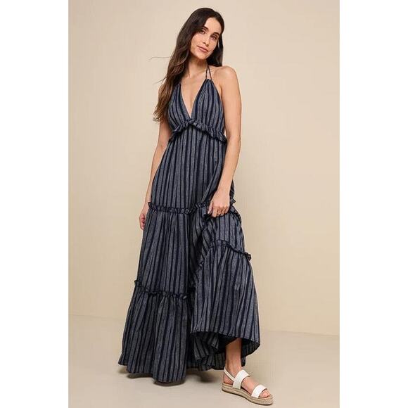 LULUS Women's Vacay Babe Navy Blue Striped Halter Maxi Dress Size M - Picture 1 of 11